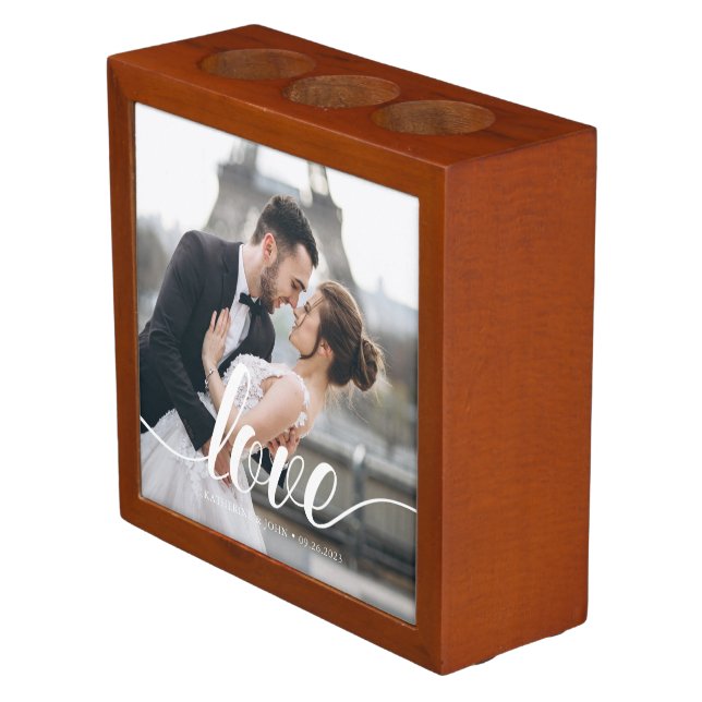 Elegant Script "Love" Overlay Photo Desk Organizer (Angled)