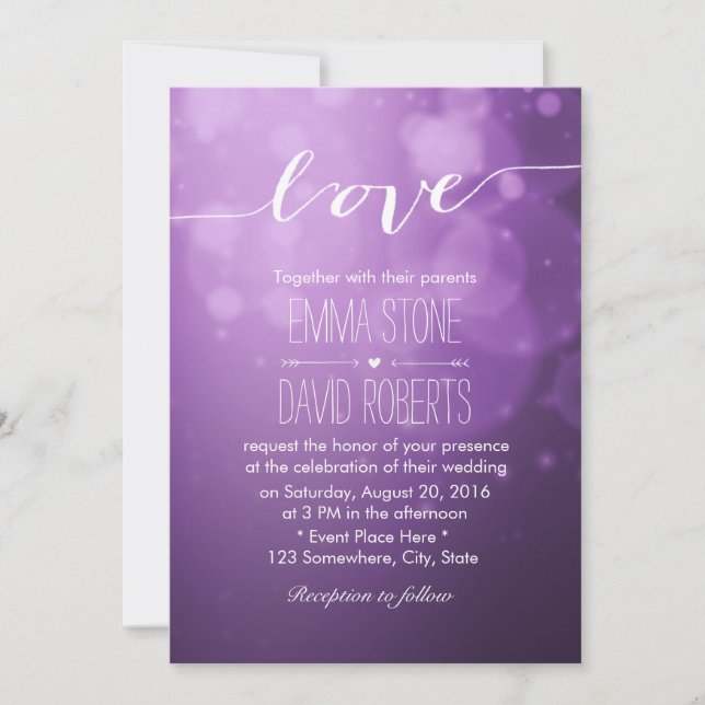 Elegant Script Love Purple Lights Modern Wedding Invitation (Front)