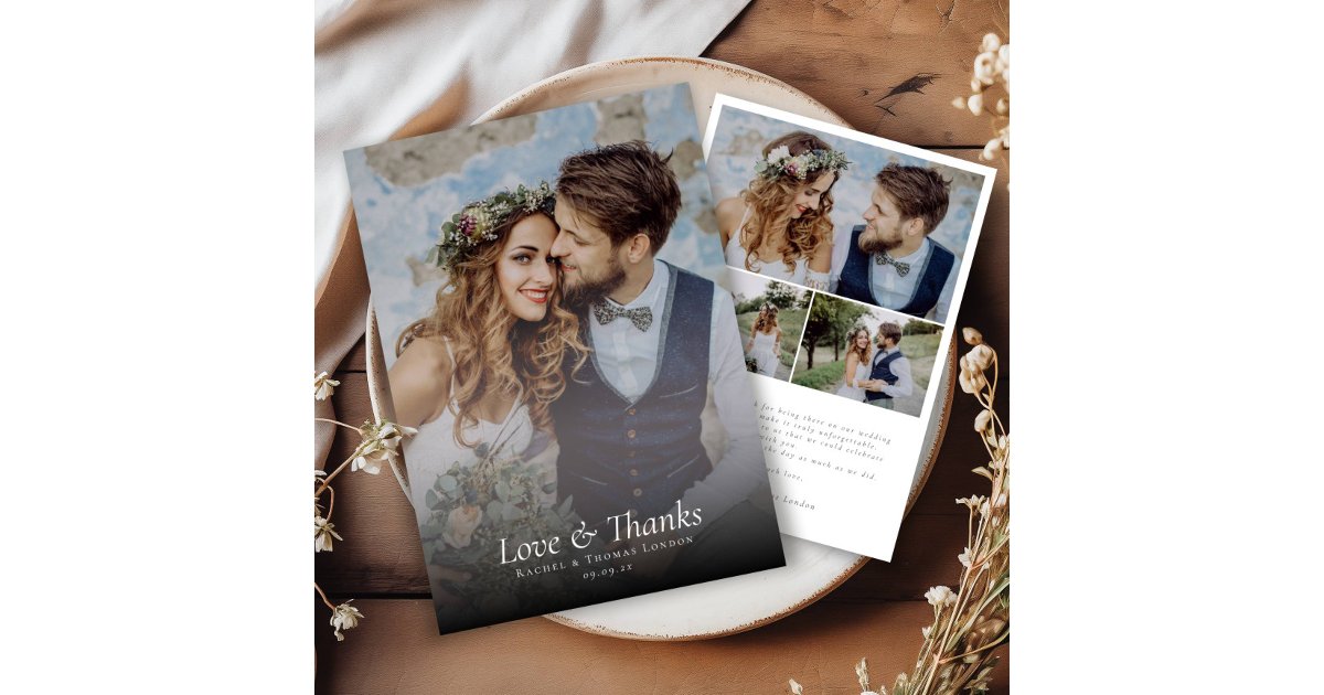 Elegant Script Love & Thanks Photo Collage Wedding Thank You Card | Zazzle
