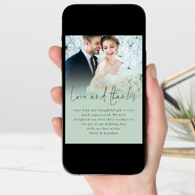 Elegant Script Love Thanks Photo Sage Wedding Card (Front Digital)