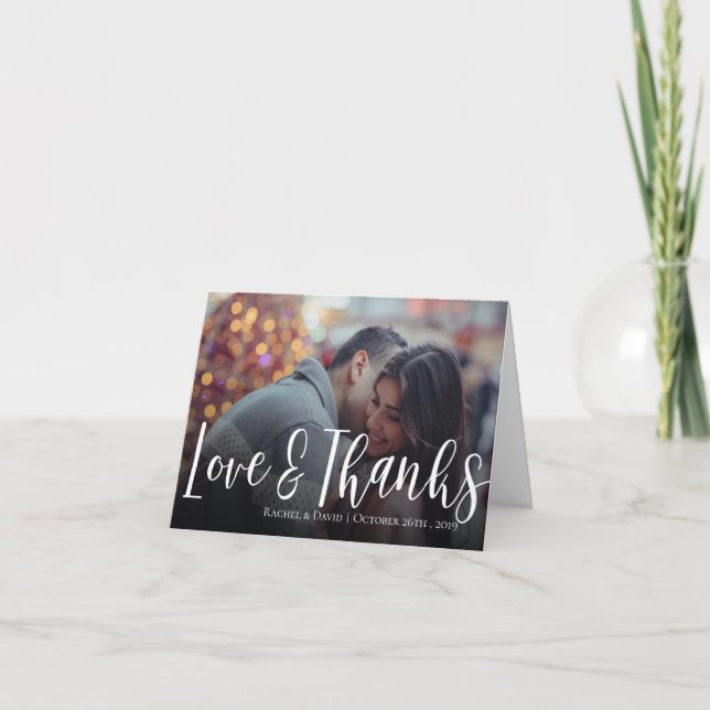 Elegant Script Love & Thanks Wedding Photo Thank You Card (Front)