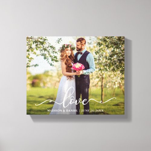 Elegant Script Love Wedding Bride and Groom Photo Canvas Print