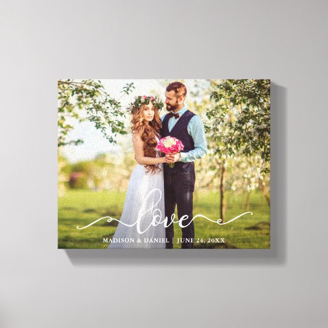 Elegant Script Love Wedding Bride and Groom Photo Canvas Print (Front)