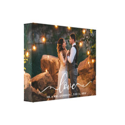 Elegant Script Love Wedding Bride Groom Photo Canvas Print