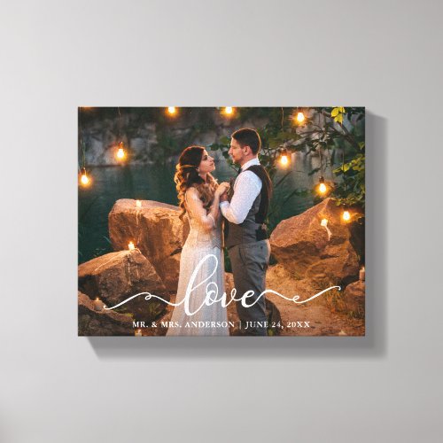 Elegant Script Love Wedding Bride Groom Photo Canvas Print