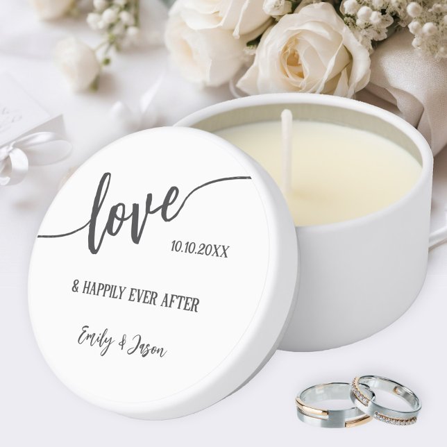 Elegant Script Love Wedding or Anniversary Mini Candle Favors (Simple chic wedding or anniversary favor mini candle featuring a script love text)
