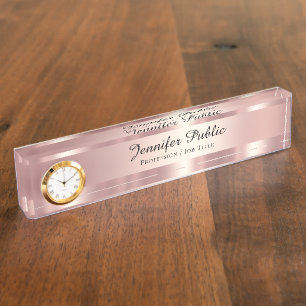 Elegant Script Luxurious Rose Gold With Clock Desk Name Plate