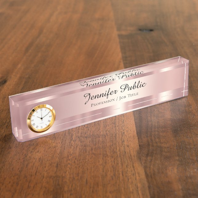 Elegant Script Luxurious Rose Gold With Clock Desk Name Plate (Side)