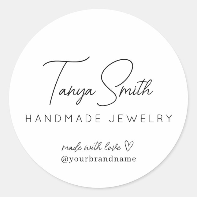Elegant Script Made Love Heart Jewelry Business Classic Round Sticker (Front)