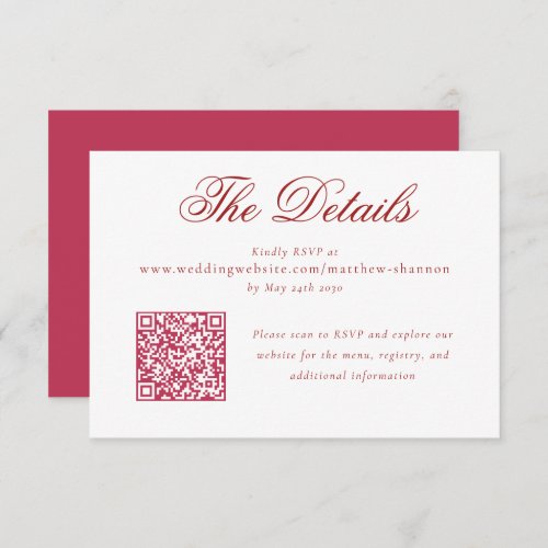 Elegant Script Magenta White Wedding RSVP Details Enclosure Card