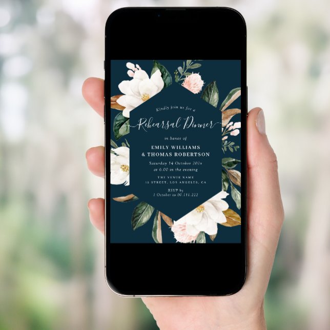 elegant script magnolia flowers rehearsal dinner invitation (Front Digital)