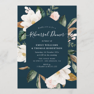 elegant script magnolia flowers rehearsal dinner invitation
