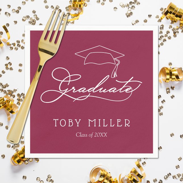 Elegant Script Maroon Graduation Napkins (White script grad cap on maroon personalized graduation party napkins, paper plates in our store)