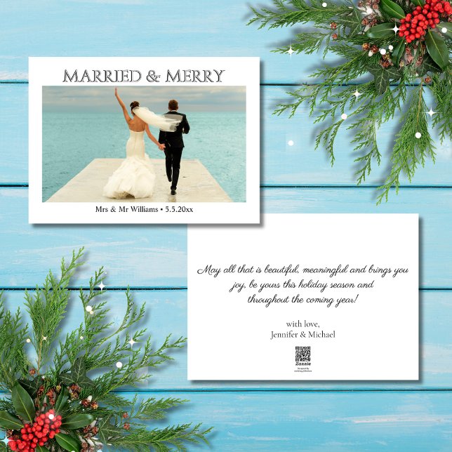 elegant script married and merry newlyweds photo holiday card (Creator Uploaded)