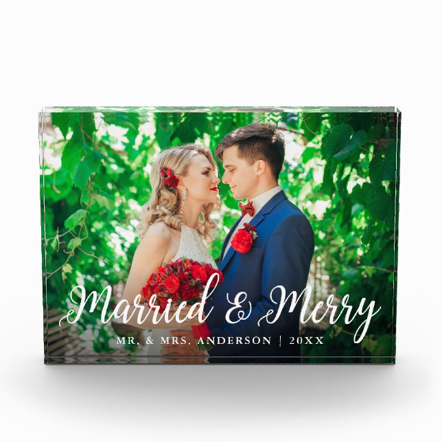 Elegant Script Married and Merry Photo Wedding Block (Front)