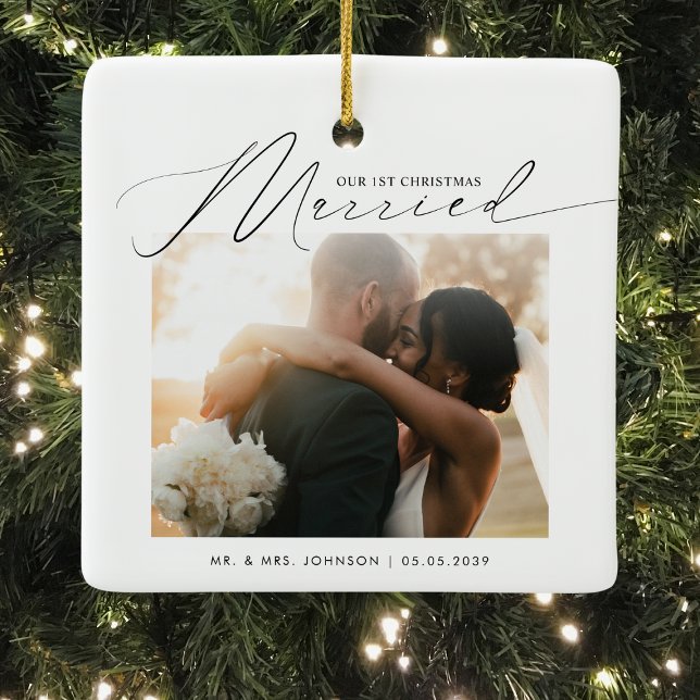 Elegant Script Married & Merry Newlywed Christmas Ceramic Ornament (Creator Uploaded)