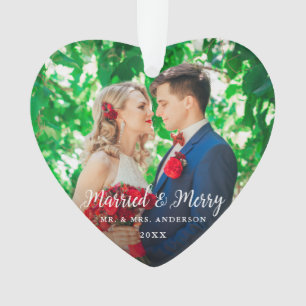 Elegant Script Married & Merry Photo Wedding Heart Ornament