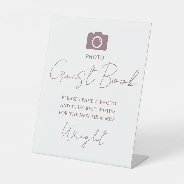  Elegant Script Mauve Photo Guest Book Wedding Pedestal Sign (Front)
