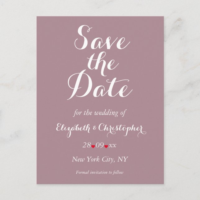 Elegant Script Mauve Wedding Save the Date Postcard (Front)