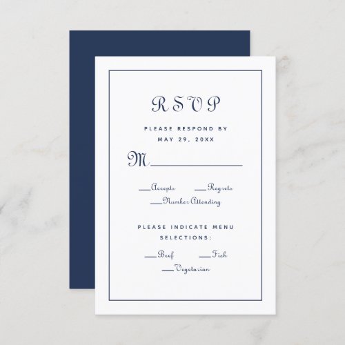 Elegant Script Meal Blue White Wedding Enclosure RSVP Card