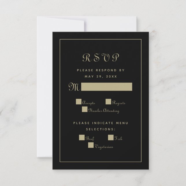 Elegant Script Meal Wedding Enclosure Black Gold RSVP Card (Front)