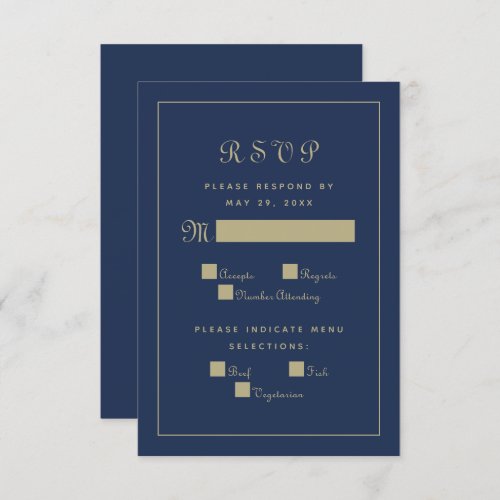 Elegant Script Meal Wedding Enclosure Blue Gold RSVP Card