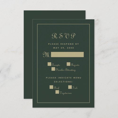 Elegant Script Meal Wedding Enclosure Green  Gold RSVP Card