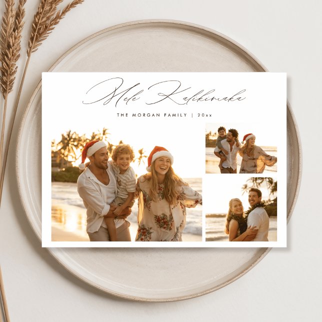 Elegant Script Mele Kalikimaka 3 Photo Beach Holiday Card (Creator Uploaded)