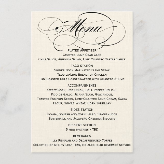 Elegant Script Menu- Black/Off White Menu (Front)