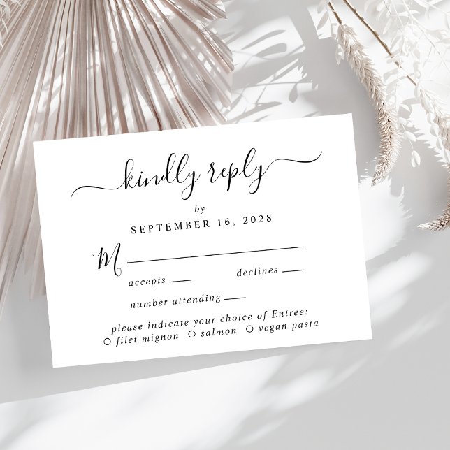 Elegant Script Menu Choice Wedding RSVP (A chic wedding RSVP card with your customized menu options)