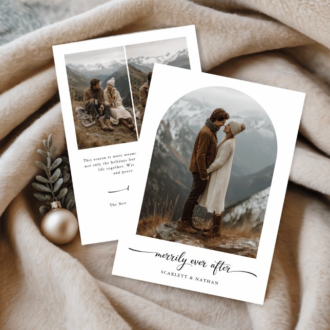 Elegant Script Merrily Ever After Arch Photo Holiday Card (Creator Uploaded)
