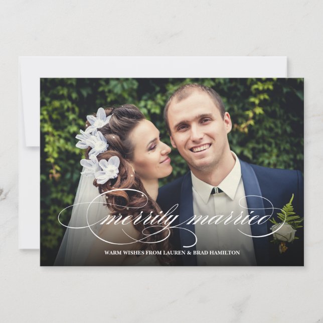 Elegant Script Merrily Married Holiday Photo (Front)