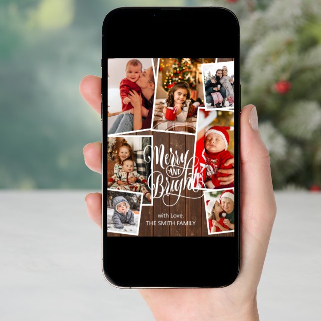 Elegant Script Merry and Bright 7 Photo Christmas Holiday Card (Front Digital)