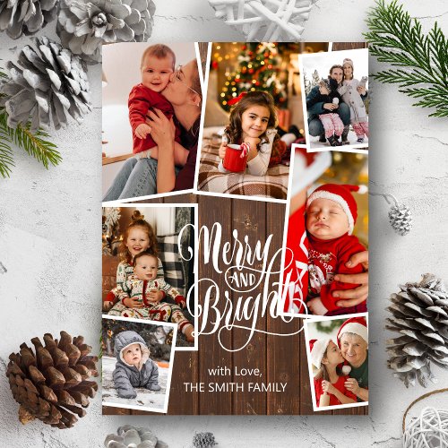 Elegant Script Merry and Bright 7 Photo Christmas Holiday Card