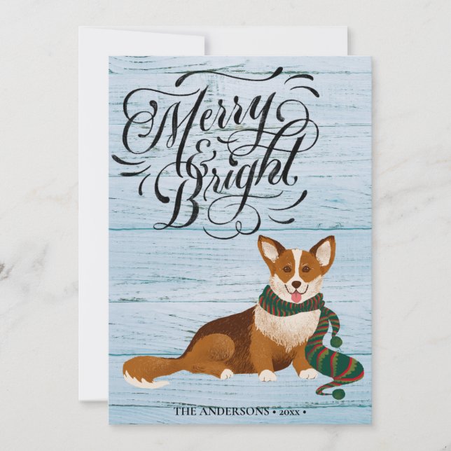 Elegant Script MERRY and BRIGHT Cute Corgi Fun Holiday Card (Front)