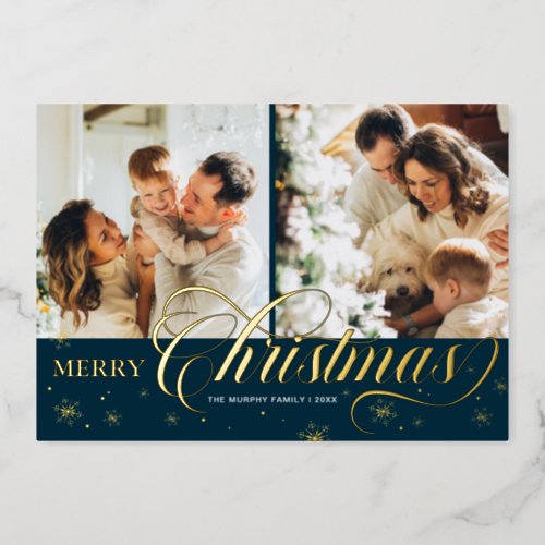 Elegant Script Merry Christmas 2 Photo Gold Foil Foil Holiday Card