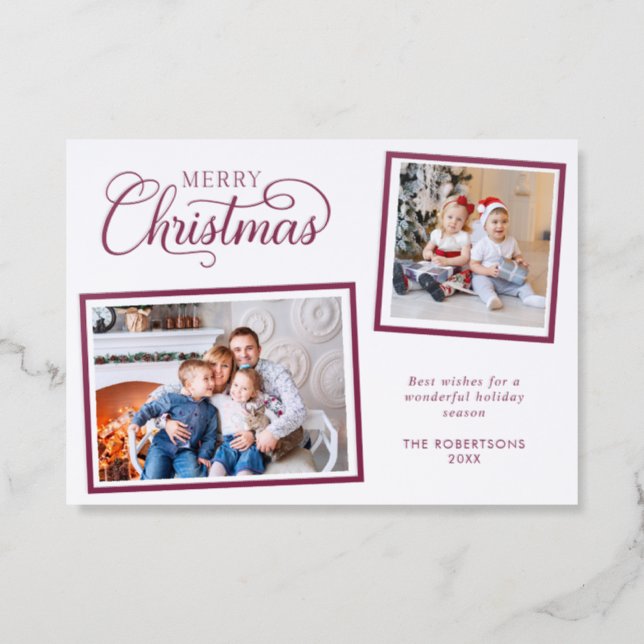 Elegant Script Merry Christmas 2 Photo Letterpress Photo Cards (Front)