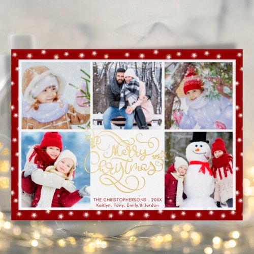 Elegant Script Merry Christmas 5 Photo Collage Foil Holiday Card