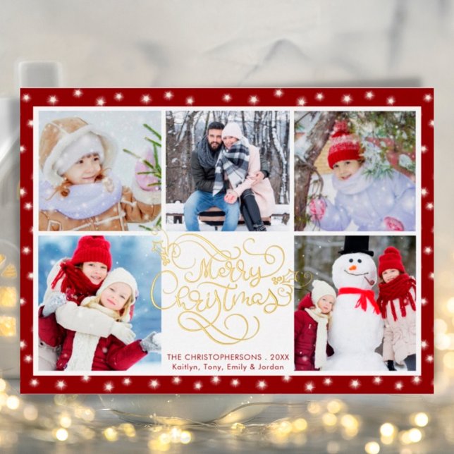 Elegant Script Merry Christmas 5 Photo Collage Foil Holiday Card (Creator Uploaded)