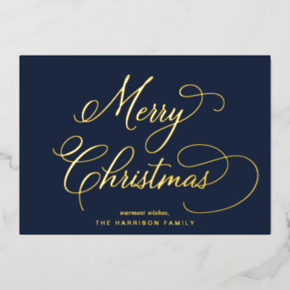 Elegant Script Merry Christmas Blue Photo Foil Holiday Card