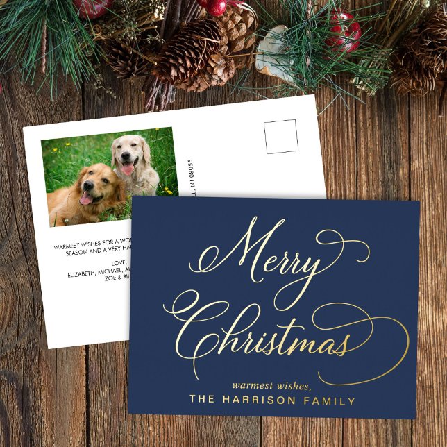 Elegant Script Merry Christmas Blue Photo Foil Holiday Postcard (Creator Uploaded)