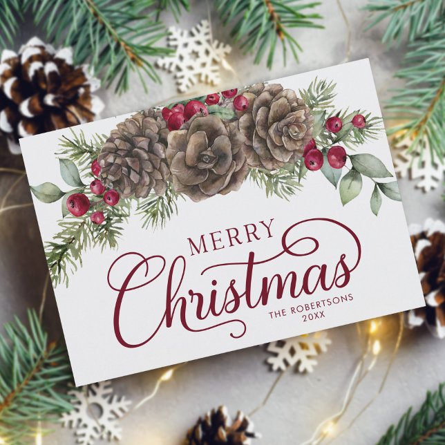 Elegant Script Merry Christmas Botanical Pine Cone Holiday Card (Creator Uploaded)