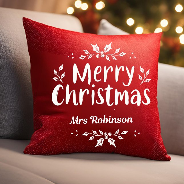 Elegant Script Merry Christmas Custom Name Family Throw Pillow (Creator Uploaded)
