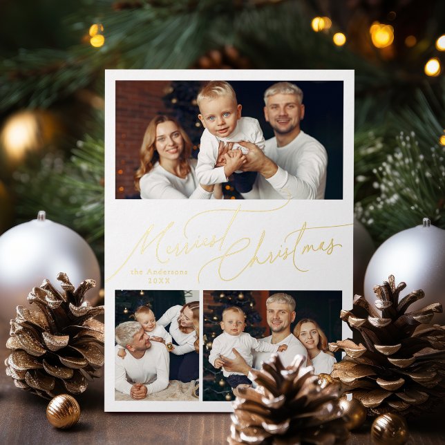 Elegant Script Merry Christmas Family 3 Photo Foil Holiday Card (Elegant Script Merry Christmas Family 3 Photo Foil Holiday Card)