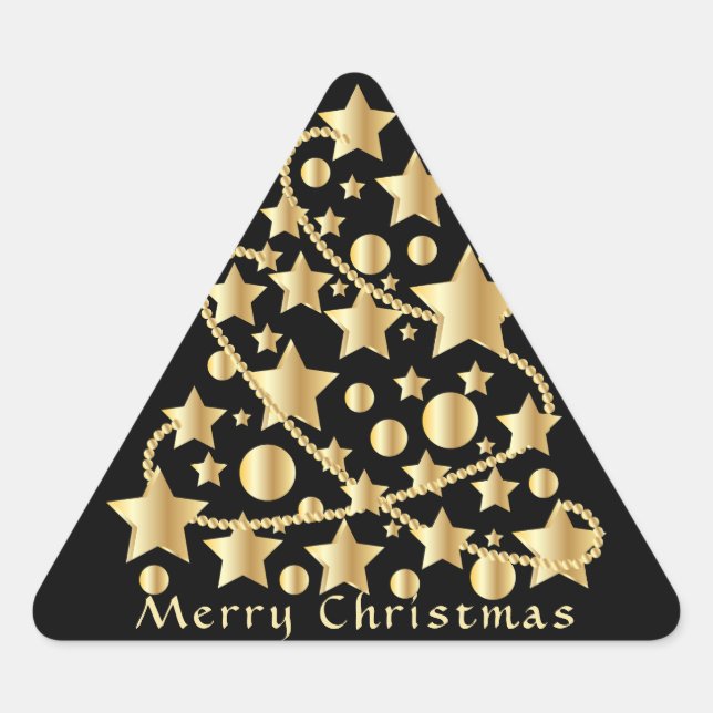 Elegant Script Merry Christmas Gold Star Black Triangle Sticker (Front)