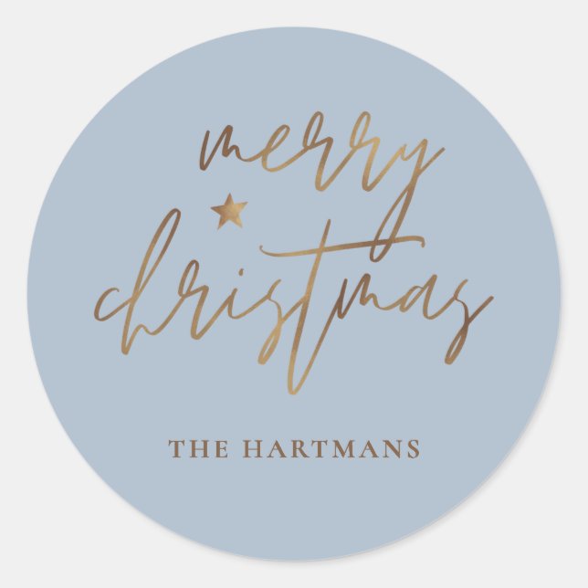 Elegant Script Merry Christmas Gold Star Blue Classic Round Sticker (Front)