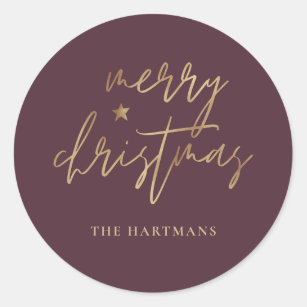 Elegant Script Merry Christmas Gold Star Burgundy Classic Round Sticker