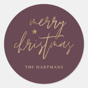 Elegant Script Merry Christmas Gold Star Burgundy Classic Round Sticker