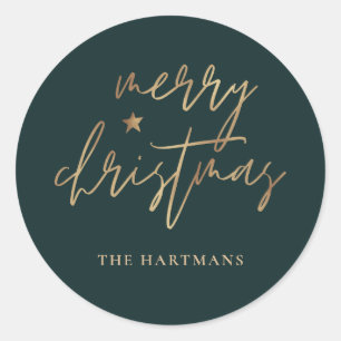 Elegant Script Merry Christmas Gold Star Dark Teal Classic Round Sticker