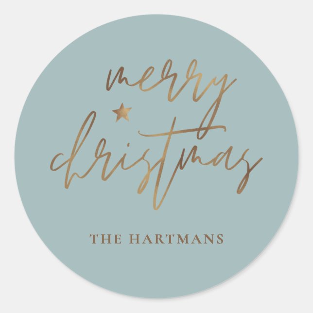 Elegant Script Merry Christmas Gold Star Lite Teal Classic Round Sticker (Front)